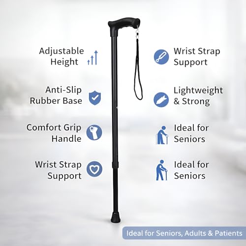 Image of PulGos Single Leg 𝐀𝐝𝐣𝐮𝐬𝐭𝐚𝐛𝐥𝐞 Walking Stick for Men & Women | 𝐀𝐧𝐭𝐢-𝐒𝐥𝐢𝐩 Walking Cane with Ergonomic Grip & Wrist Strap | Lightweight Support Stick for Seniors & Daily Walking Use