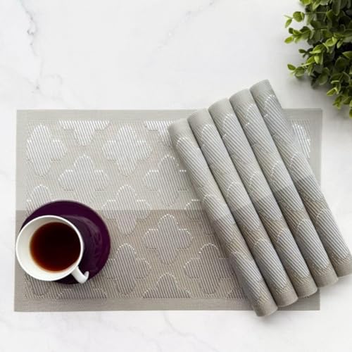 Image of Livmodern Premium PVC Dining Table Mats for 6 Seater| Woven PVC Placemats | Heat Resistant & Anti Skid Table Mats| Wipeable & Washable Set of 6-Silver Clover