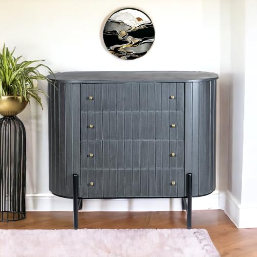 Image of Solid Wooden Oval Chest of Drawers| 4 Drawers Chest | Wooden Storage Cabinet | Mango Wood, Premium Grey Finish
