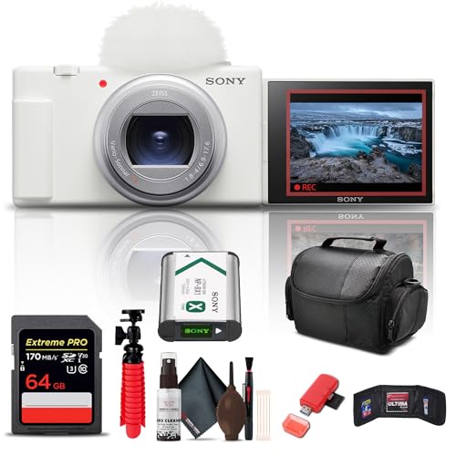 Sony ZV-1 II Vlog Camera for Content Creators and Vloggers (White) (ZV-1M2/W) + 64GB Memory Card + Card Reader + Deluxe Soft Bag + Flex Tripod + Memory Wallet + Cleaning Kit