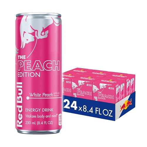Image of Red Bull Peach Edition Energy Drink, White Peach, 8.4 fl. oz., 6 x 4 Cans, Pack of 24 Cans, with 80mg Caffeine, Taurine & B Vitamins