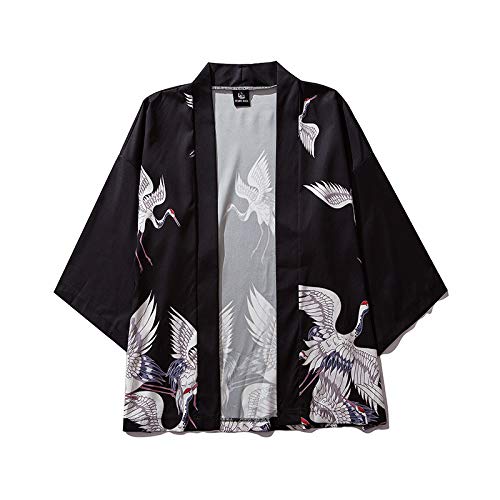 AGYE Man Japanese Traditional Orient Ethnic Cardigan Kimono Haori Women Unisex Thin Loose Outfits,Black-L
