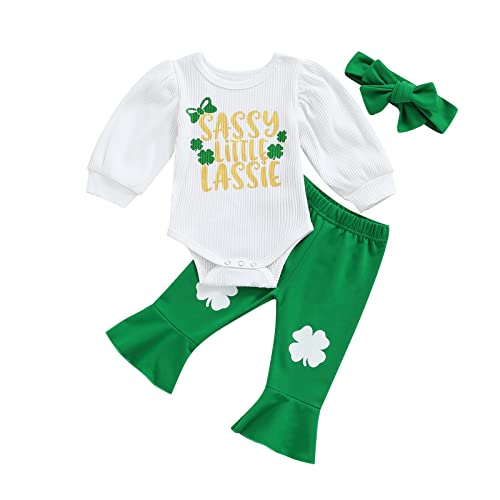 Image of Dcohmch 3Pcs Baby Girl St. Patricks Day Outfit Long Sleeve Ribbed Romper Green Clover Bell Bottom Pants Summer Clothes