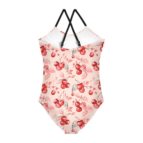 senya Girls Swimsuits One-Piece Swimwear Tie Bathing Suit Beach Summer Round Neck 5-6T Watercolor Cherries on Pink Pattern2