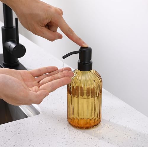 Image of 16 OZ Amber Glass Soap Dispenser, Amber Stripe Bathroom Hand Soap Dispensers with Stainless Steel Matte Black Pump,Brown Glass Kitchen Hand Soap Dispenser with Matte Black Pump