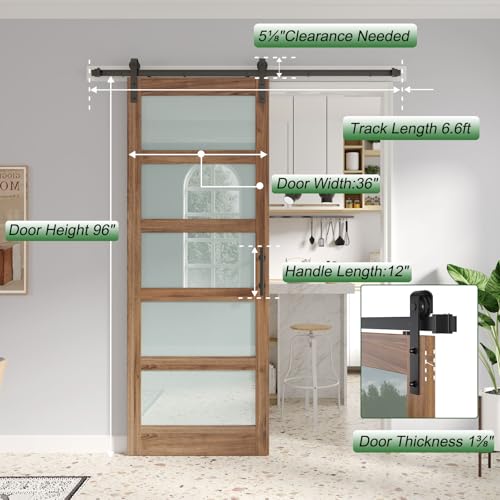 Image of FREDBECK 36in x 96in Glass Barn Door Glass Door with 6.6FT Barn Door Hardware Kit & Handle Included,5-Panel Frosted Glass, Water-Proof Surface,Pre-Drilled Holes,Need Assembly