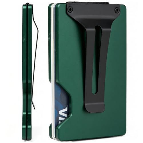 Image of Minimalist Carbon Fiber Wallet for Men, Money Clip Cash Strap Wallet, RFID Blocking Metal Wallet Aluminum Card Holder,Front Pocket Wallet(Matte Forest Green)