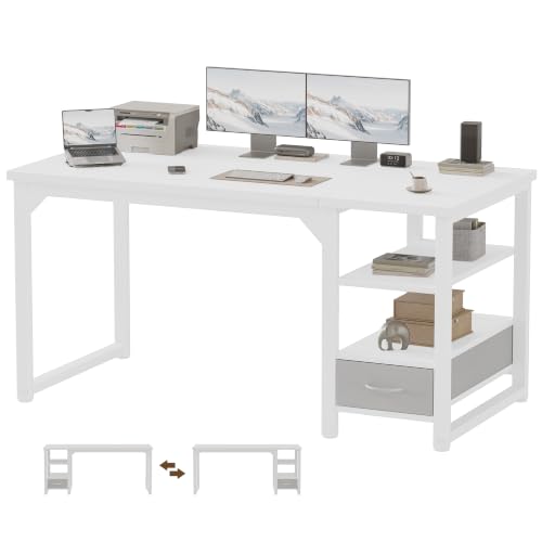 Image of Mericonia 54 in Computer Desk with Drawer, 1 inch Thick Reversible Office Desk | Large Modern Writing Table with Storage Shelves, Heavy Duty Industrial Executive Desk for Home Bedroom Study Work