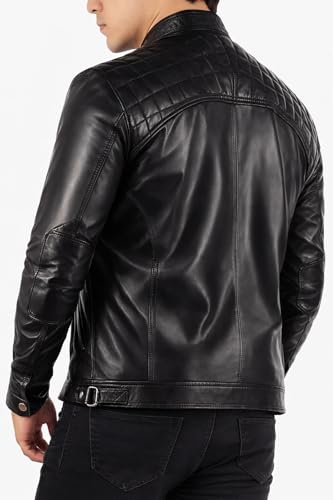 Image of Genuine Leather Men's cafe racer jacket Sheepskin Stand Collar Trucker real leather Jacket