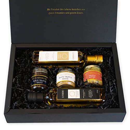 Lussiero Geschenkbox - Gemeinsam genießen - Geschenkset aus zwei Trüffelsaucen, Trüffelbutter, schwarzem und weißem Trüffelöl Trüffel Präsentkorb Cover