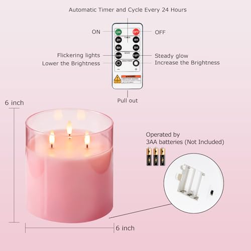 Image of Homemory 6x6 Extra Large Flameless Candle with 3 Wicks, Pink Glass LED Pillar Candle, Real Wax Battery Operated Candle with Remote and Timer, Flickering Flameless Candle Home Wedding Valentine Decor