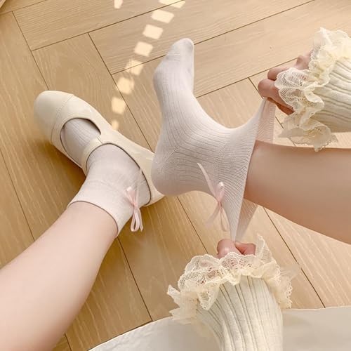 Image of Yxmeiguo Women's Bow Socks - Cotton Sweet Lolita Dress Casual Crew Breathable Soft Cute Girls Textured Ankle Socks - 3 Pairs