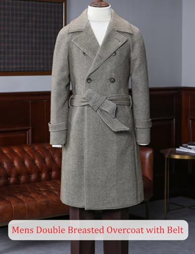 ONAXTDA Men's Herringbone Heavyweight Tweed Overcoat with Belt Double Breasted Knee-Length Pea Coat3