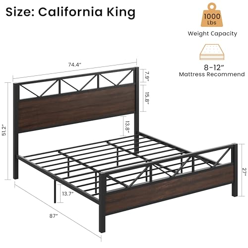 Image of LIKIMIO California King Bed Frame, Tall Industrial Headboard 51.1 inch, Platform Bed Frame with Strong Metal Support, Solid and Stable, Noise Free, No Box Spring Needed, Easy Assembly, Dark Brown