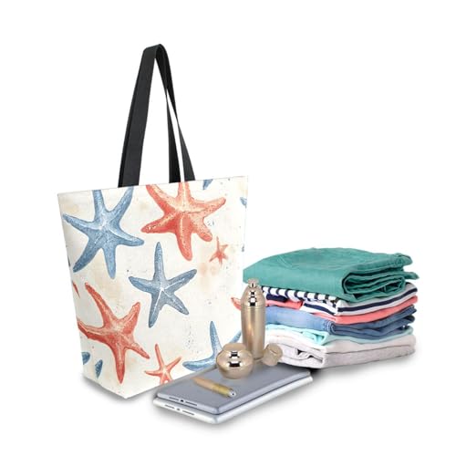 Extra Large Shoulder Tote Bag for Beach Travel Weekender Gym Retro Coral Blue Starfish Reusable Grocery Canvas Shopping Bag3