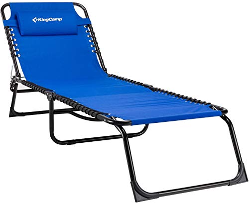 KingCamp Chaise Lounge Removable Pillow 3-Position Adjustable Chair Folding Patio Recliner for Camping Pool Beach Outdoor, Supports 300lbs, Blue