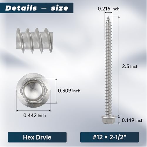 #12 x 2-1/2" Tornillos de cabeza hexagonal con brida para madera de tablero de fibra, acero inoxidable grado 410, resistente al óxido, paquete de 25, incluye punta hexagonal miniatura 2