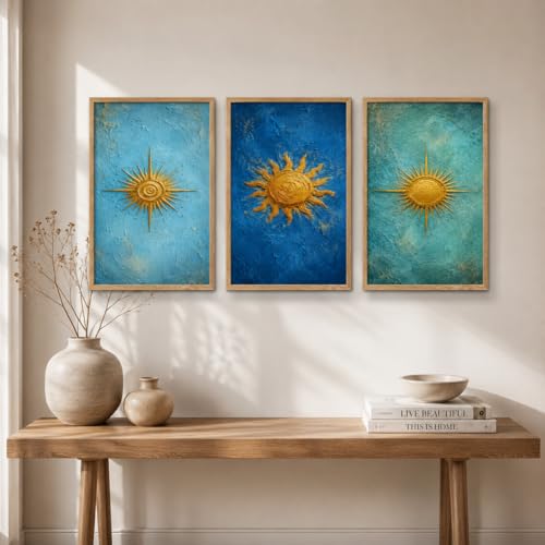 Image of Livin'luxe Set of 3 Golden Sun Abstract Wall Paintings for Living Room Bedroom Hallway Home Decor with Premium Wooden Color Synthetic Frame (25.5 x 19.5 Inch) NM03-71