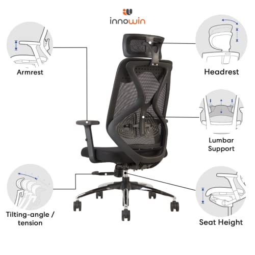 Image of INNOWIN Tokyo Office Chair,High Back Mesh Ergonomic Home Office Desk Chair with 3 Years Warranty, Adjustable Armrests,Adjustable Lumbar Support,Tilt Lock Mechanism (Black)