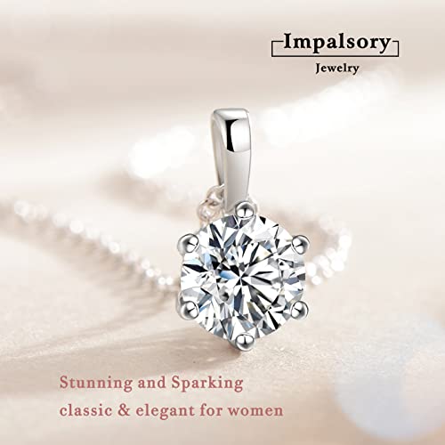 Impalsory Moissanite Pendant Necklace, 1Ct 6.5Mm Classic Round 6 Prong Solitaire Simulated Diamond Necklace For Women Girls 18K White Gold Plated Silver With 18 Inch Chain #TOP3