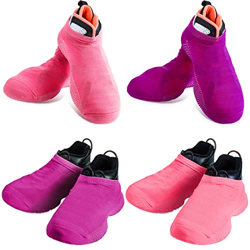 4 Pairs Dance Shoe Socks Over Sneaker for Smooth Floors Carpet Floor for Dance Protect Knees Dancing Shoe Sliders Ballet Dancers Turning Socks for Turns on Wood Floors (Rose Red, Purple)