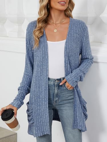 Image of Les umes Womens Open Front Lightweight Knit Cardigans V Neck Loose Long Sleeve Sweaters with Pockets