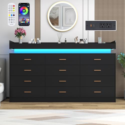 Image of Hlivelood 12 Drawer Dresser with LED Light and Charging Station, 70 inch Modern Chest of Drawers for Closet, Wide Drawer Organizer Cabinet for Bedroom, Living Room, Entryway, Hallway, Black
