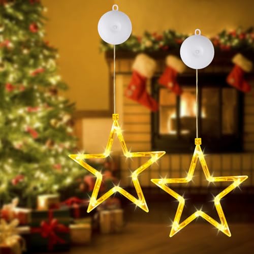 2 Piezas Decoración Navidad de Estrella, Adornos para Ventanas de Navidad, Decoración para Ventanas de Color Blanco Cálido con Ventosas, para Navidad, Balcón, Fiesta, Decoración de Bodas (A)