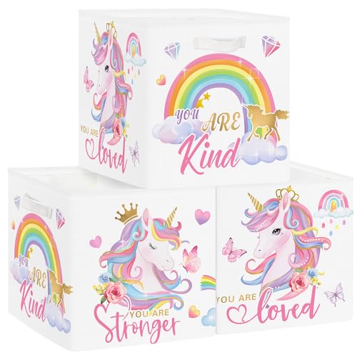 Clastyle Lot de 3 Boite Rangement Tissu Licorne Cube de Rangement Pliable Panier Kallax pour Salle de Bain, Diamant, 30x30x30 cm