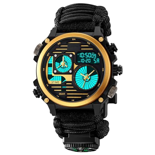 LDZDGD Reloj Deportivo Digital Táctico para Hombre, 4 Zonas Horarias, Cronómetro, Alarma, Luz de Fondo EL, Reloj de Exterior Sumergible 50M(Gold A)
