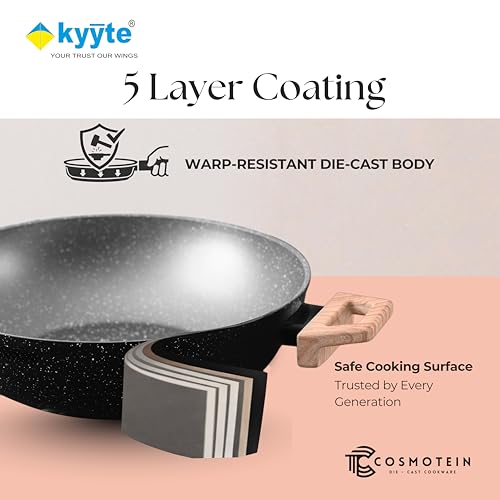 Image of kyyte CosmoTein Die Cast Non Stick Kadhai with Glass Lid 20 cm Dia 1.6L,Curry,Dal,Nonstick Kadai Wok with 5 Layer Coating,Gas &Induction Stove Friendly,Dishwasher Safe,PFOA&PFOS Free, Safe&Toxic-Free.
