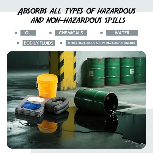 Image of DoubleFill 29 Pcs Universal Spill Kit Portable Complete 2.6 Gallon Spill Kit, Absorbs Oils Water and More, Yellow Bucket, 20 Absorbent Pads, 2 Pcs 3 inch x 4' Sorbent Socks, 5 Disposal Bags, PVC Gloves