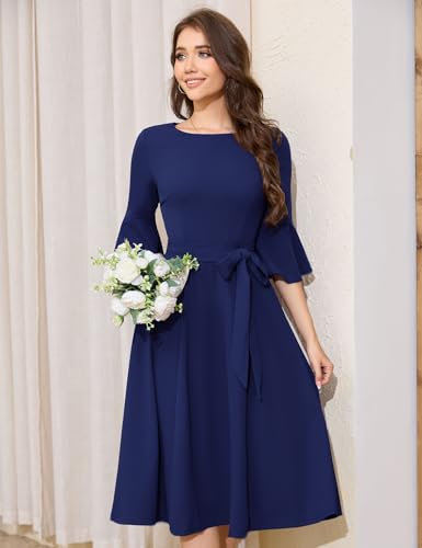 Image of HomRain Women's Church Dresses Modest Bell Sleeve Wedding Guest Cocktail Tea Party Vintage Evening Dress