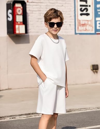 Image of Arshiner Boys Drop Shoulder T-Shirt & Drawstring Waist Shorts Summer Casual Outfits (5-12 Years)