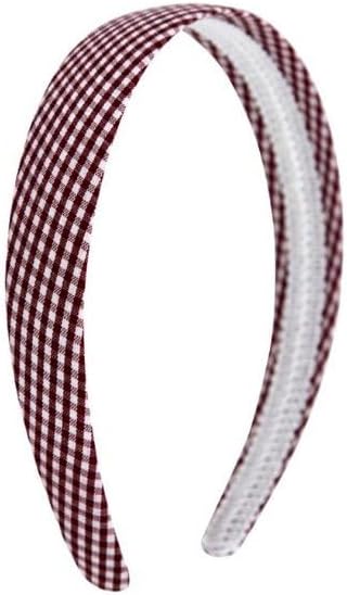 Gingham Hair Accessories for School Alice Band Slim Headband Scrunchy Clips (Burgundy White Gingham 1 inch Wide Alice Headband)