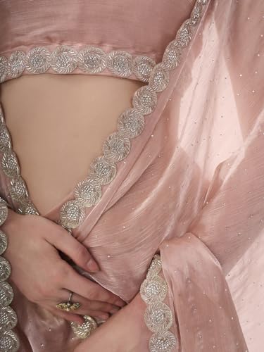Image of ORHANS Women's Chiffon Saree with Unstitched Blouse Piece Solid Pattern and Laced Border | Lightweight Sarees for Woman | Plain Saris Daily Use | Womens Saree Modern Pattern| Stylish Saree