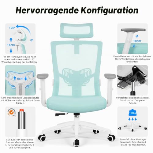 Daccormax Bürostuhl Ergonomisch, Schreibtischstuhl mit Verstellbarer Kopfstütze, Armlehnen, Lendenwirbelstütze, Drehstuhl Wippfunktion… – Ansicht 4