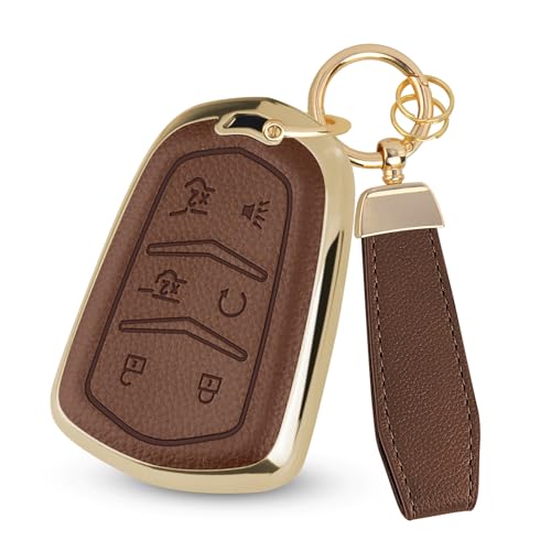 MILD EAST for Cadillac Key Fob Cover Soft TPU Leather Remote Car Key Cover Compatible with Cadillac ATS CTS CT6 DTS Escalade STS SRX XTS XT4 XT5 XT6 5-6 Buttons (Brown 6 Buttons)