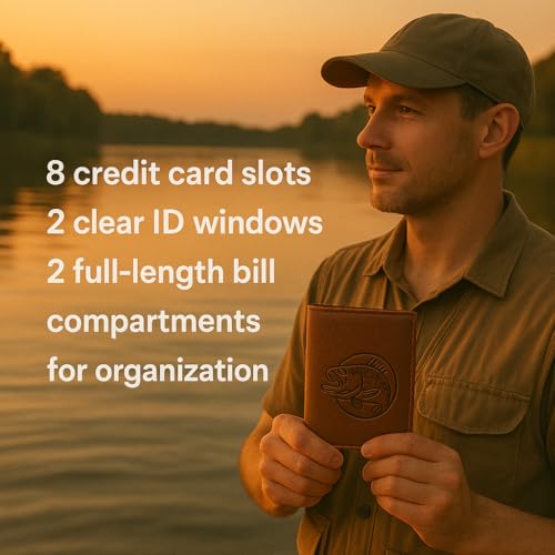 MARSHAL Genuine Leather RFID Blocking Bass Fish Wallet for Men – Bifold & Trifold Fishing Wallets with Debossing Design (Trifold Brown)4