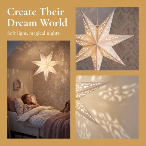 Image of LIOOBO Paper Star Lanterns Star Shaped Decorative Light Cover Hollow Out Window Grille Lamp Shade for Christmas Birthday Wedding Home Party 17.71 X 17.71 X 7.48 in