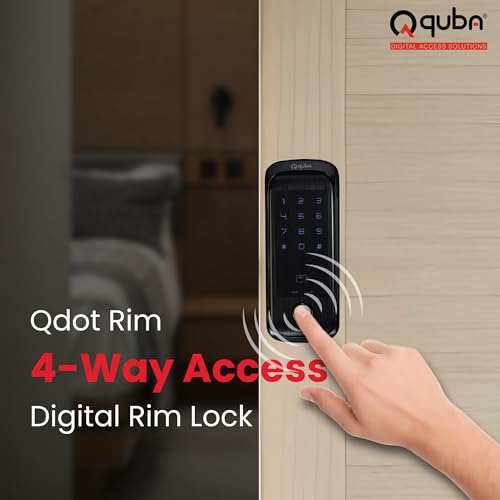 Image of Quba QDOT Digital Rim Lock | 4-Way Access Smart Security | Black | Bluetooth RFID & Fingerprint with OTP & Dual Authentication | 2 Keys & 100 Users | Free Installation | 2 Year Warranty