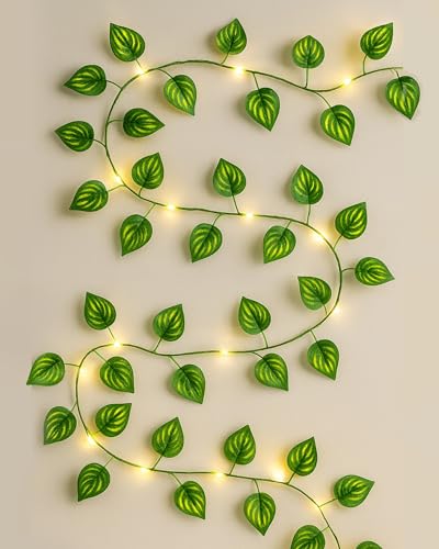 Image of Homesake Battery Operated Home Decor Money Plant Leaf Garland Wreath Vine, Ramadan Decorations for Home, ramzan Festive Decor, Diwali Lights for Decoration Home 50 LED - Set of 2(Plastic, Green)