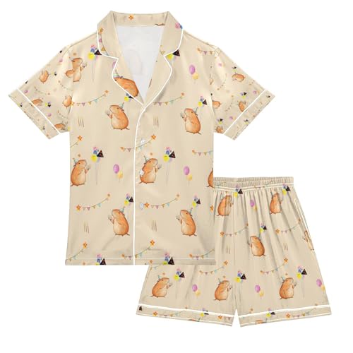 senya Cute Birthday Capybara Satin Summer Pajama Sets Silk Short Sleeve Button Down Sleepwear