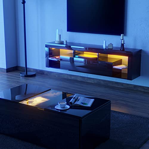 Floating Tv Stand Wall Mounted - High Gloss Led Entertainment Center With Storage And Shelf, Tv Stand For 65 Inch Tv, Gaming Entertainment Center Console Table With Lights, Black #TOP4