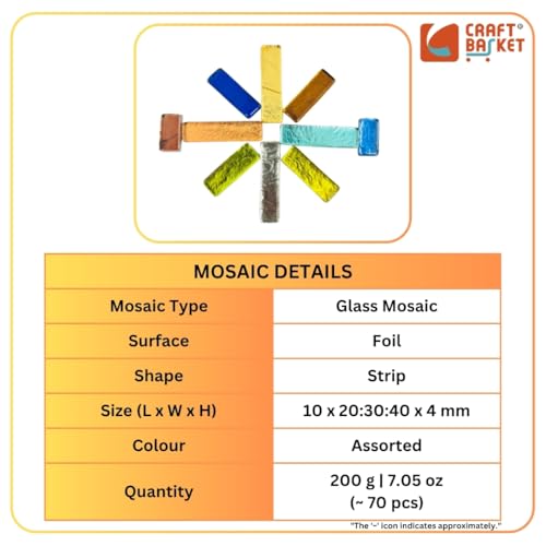 Image of Assorted Colours Glass Mosaic Tiles (20 Variations) (All Packs: 100 g,200 g,500 g), DIY Mosaic Art, Decoration, Crystal Glass Mosaic Tiles (Foil Strip Mix Size), 200 g