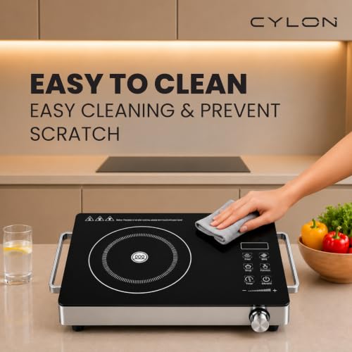 Image of CYLON InfraMate 2200W Infrared Cooktop Stove with Grill Rack, Crystal Glass Top, Digital Display, Touch Control, Compatible with All Cookware, Infrared Hot Plate, Black