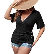OYOANGLE Women's Plus Size Wrap V Neck Short Sleeve Fake Button Ruched Blouse Tee Tops