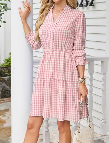 Image of Theenkoln Womens Casual Midi Dress: Short Sleeve V-Neck Empire Waist Gingham Spring Fashion Long Trendy Tiered Formal Dresses