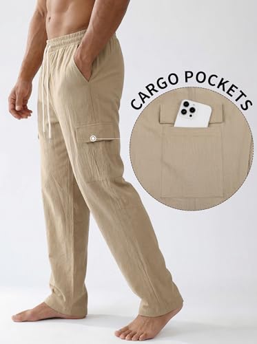 Image of Men's Linen Pants Casual Cargo Pants with Pockets Lightweight Elastic Waist Drawstring Pants Baggy Beach Pants
