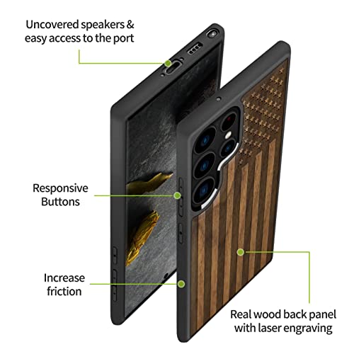 Image of Carveit Wood Case for Galaxy S23 Ultra, (The Classic American Flag-Walnut) | Samsung Galaxy S23 Ultra Cover, Unique Wooden Design, Engraved Wood with TPU Shockproof Bumper, Wireless Charging Compatible